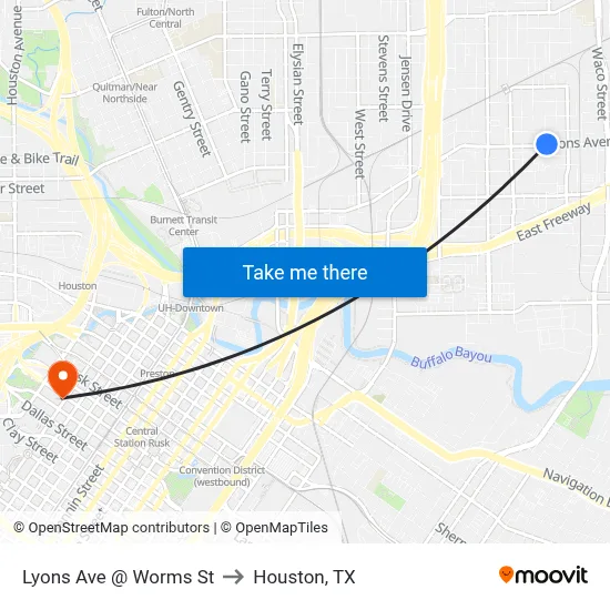 Lyons Ave @ Worms St to Houston, TX map