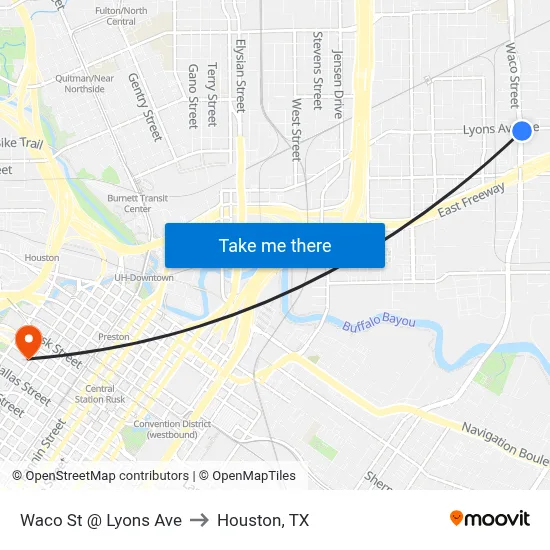 Waco St @ Lyons Ave to Houston, TX map