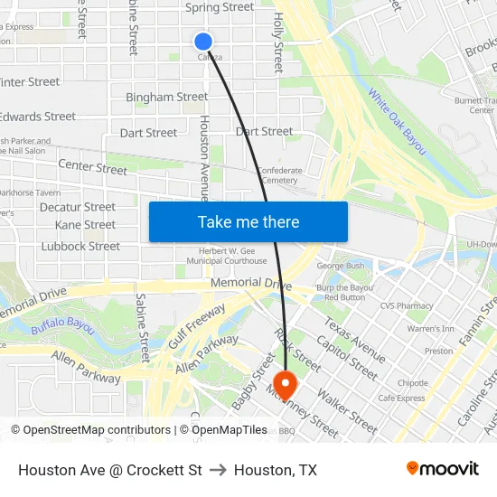 Houston Ave @ Crockett St to Houston, TX map