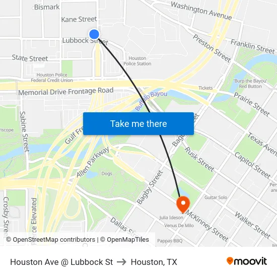 Houston Ave @ Lubbock St to Houston, TX map