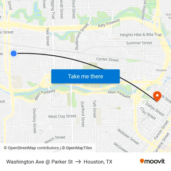 Washington Ave @ Parker St to Houston, TX map
