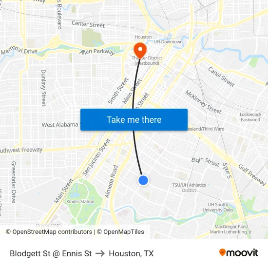 Blodgett St @ Ennis St to Houston, TX map