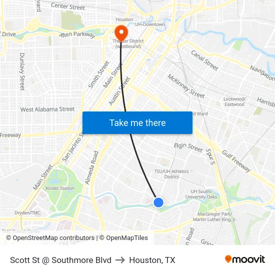 Scott St @ Southmore Blvd to Houston, TX map