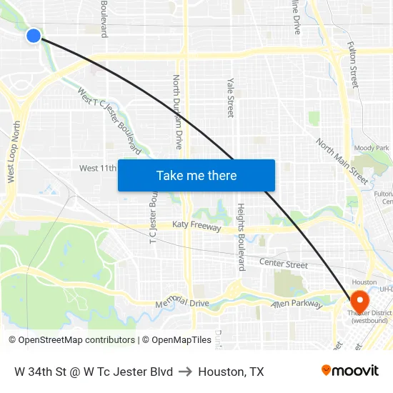 W 34th St @ W Tc Jester Blvd to Houston, TX map