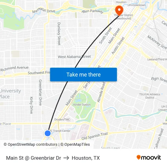 Main St @ Greenbriar Dr to Houston, TX map