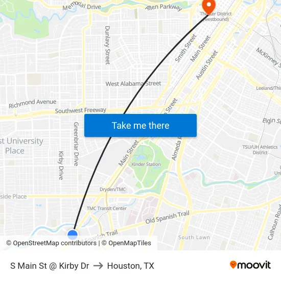 S Main St @ Kirby Dr to Houston, TX map