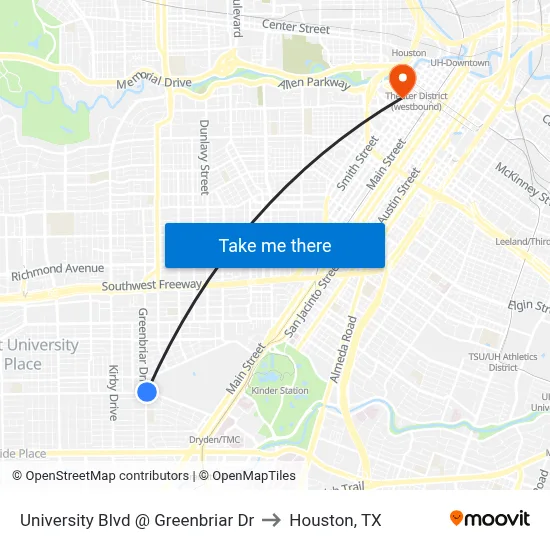 University Blvd @ Greenbriar Dr to Houston, TX map