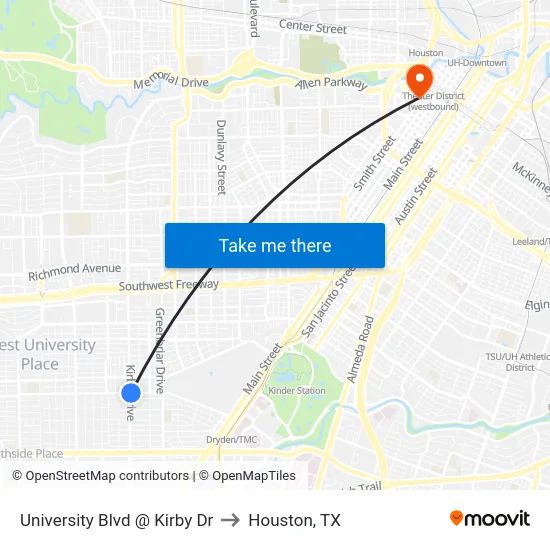 University Blvd @ Kirby Dr to Houston, TX map