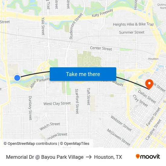 Memorial Dr @ Bayou Park Village to Houston, TX map