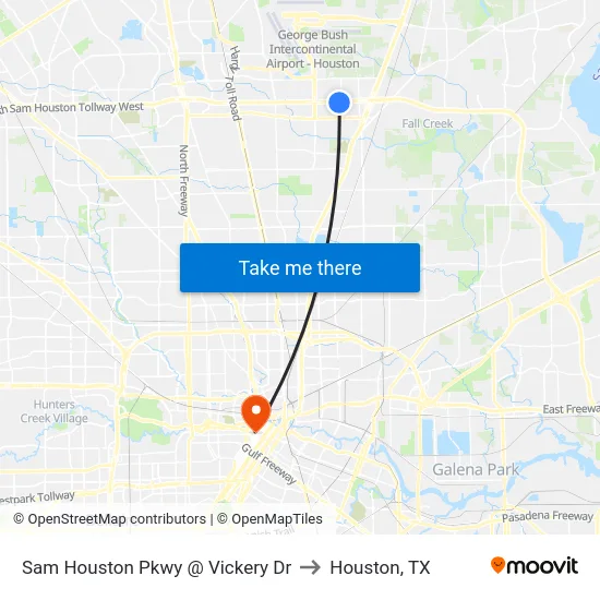 Sam Houston Pkwy @ Vickery Dr to Houston, TX map