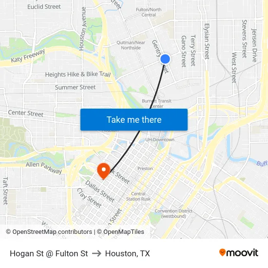 Hogan St @ Fulton St to Houston, TX map