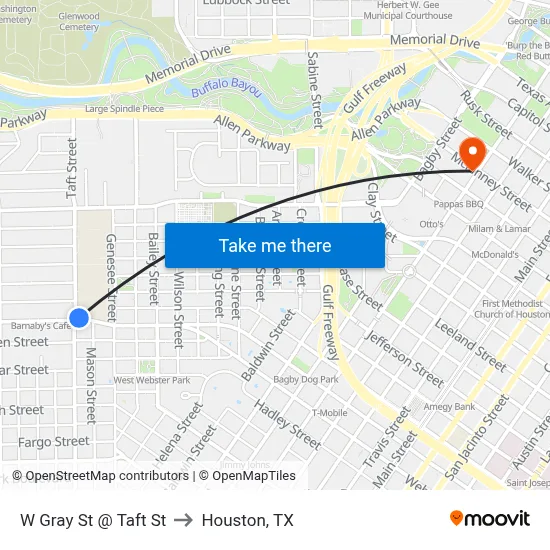 W Gray St @ Taft St to Houston, TX map