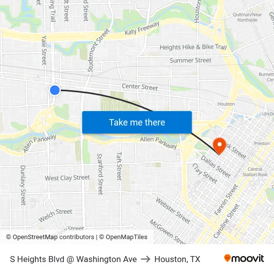 S Heights Blvd @ Washington Ave to Houston, TX map