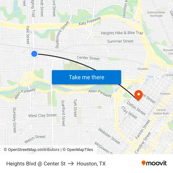 Heights Blvd @ Center St to Houston, TX map