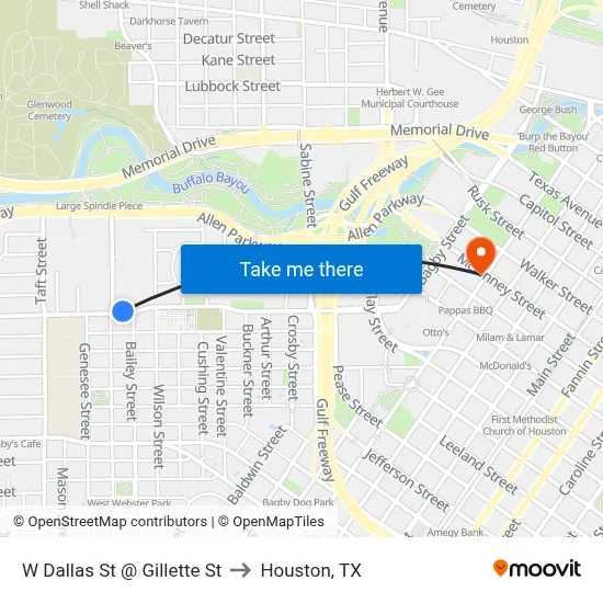 W Dallas St @ Gillette St to Houston, TX map