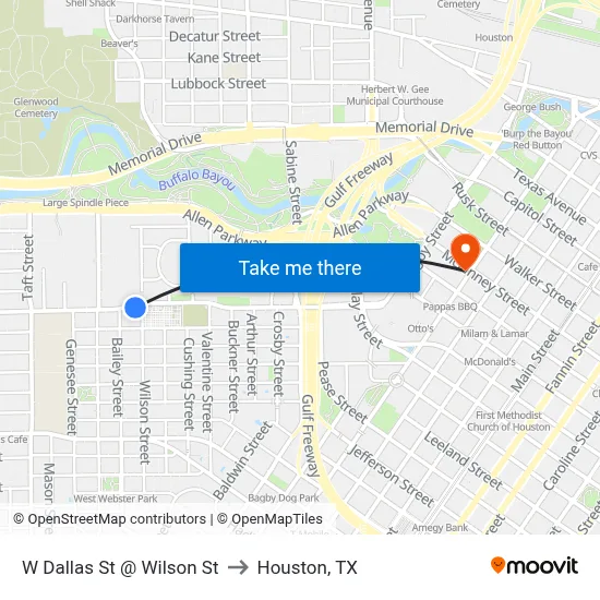 W Dallas St @ Wilson St to Houston, TX map