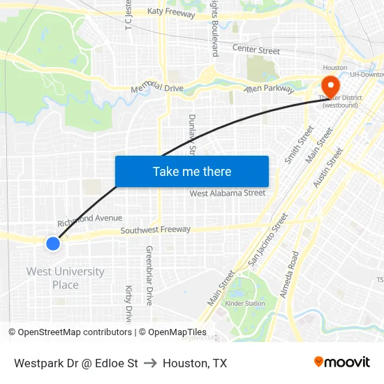 Westpark Dr @ Edloe St to Houston, TX map