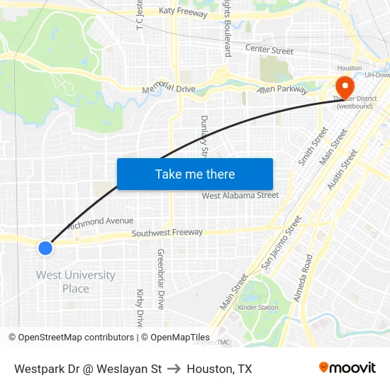 Westpark Dr @ Weslayan St to Houston, TX map