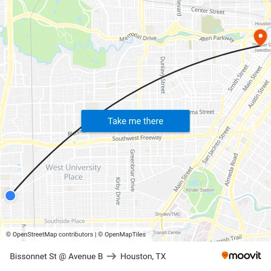 Bissonnet St @ Avenue B to Houston, TX map