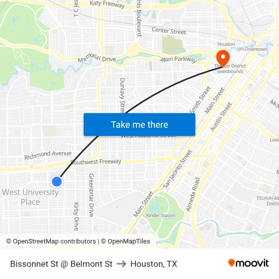 Bissonnet St @ Belmont St to Houston, TX map