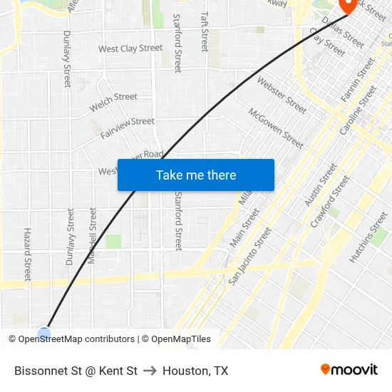 Bissonnet St @ Kent St to Houston, TX map