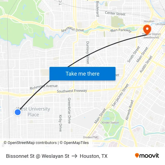 Bissonnet St @ Weslayan St to Houston, TX map