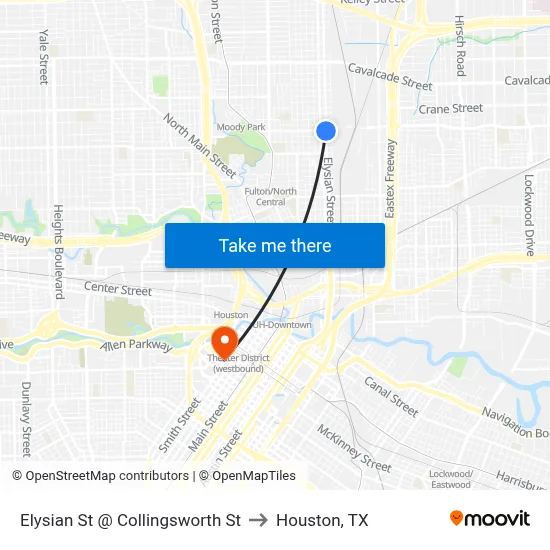 Elysian St @ Collingsworth St to Houston, TX map