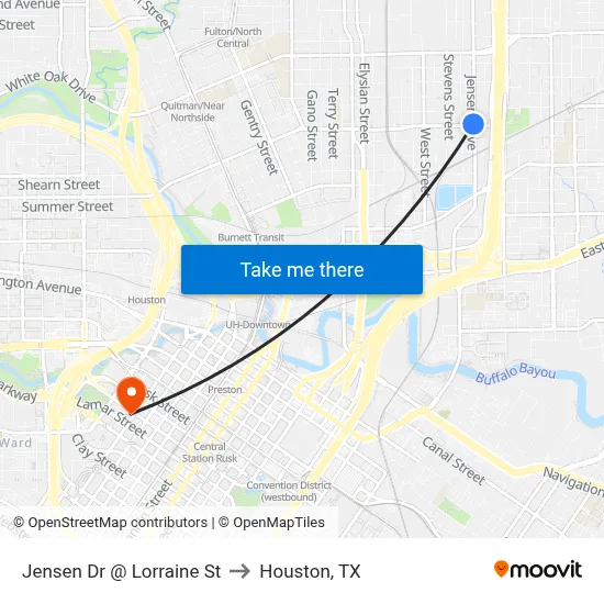 Jensen Dr @ Lorraine St to Houston, TX map