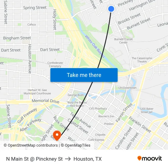N Main St @ Pinckney St to Houston, TX map