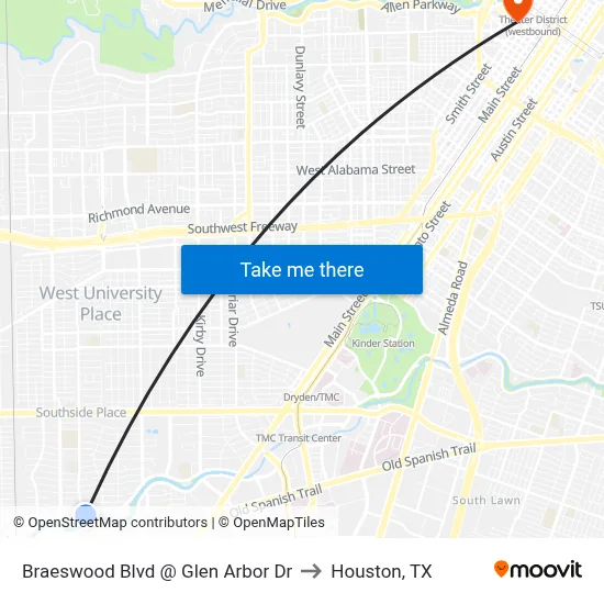 Braeswood Blvd @ Glen Arbor Dr to Houston, TX map