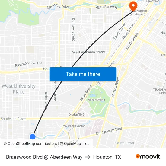 Braeswood Blvd @ Aberdeen Way to Houston, TX map