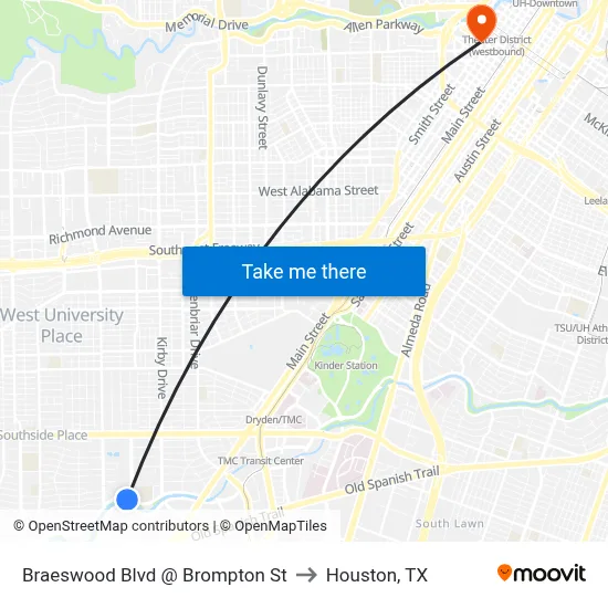 Braeswood Blvd @ Brompton St to Houston, TX map