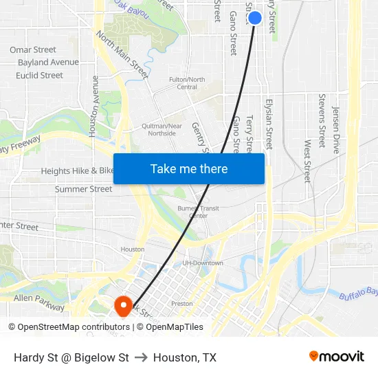 Hardy St @ Bigelow St to Houston, TX map