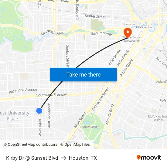 Kirby Dr @ Sunset Blvd to Houston, TX map