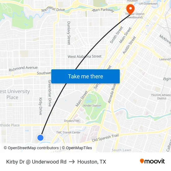 Kirby Dr @ Underwood Rd to Houston, TX map
