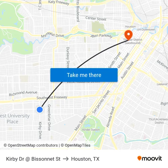 Kirby Dr @ Bissonnet St to Houston, TX map