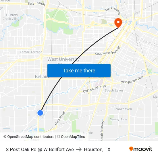 S Post Oak Rd @ W Bellfort Ave to Houston, TX map