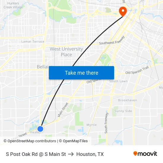S Post Oak Rd @ S Main St to Houston, TX map