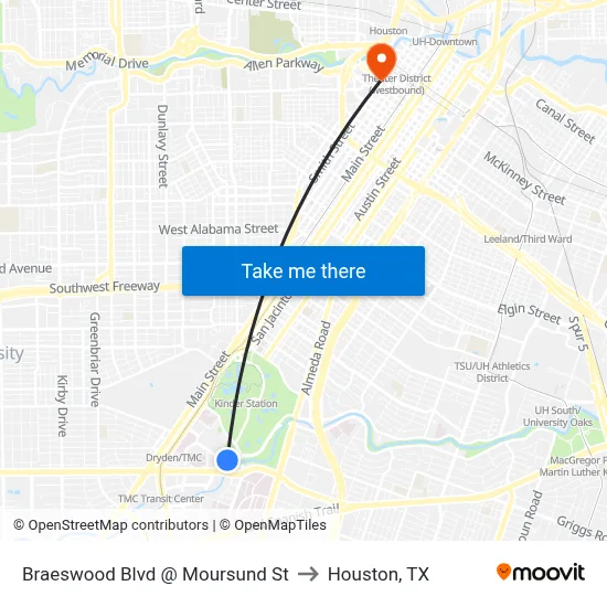 Braeswood Blvd @ Moursund St to Houston, TX map