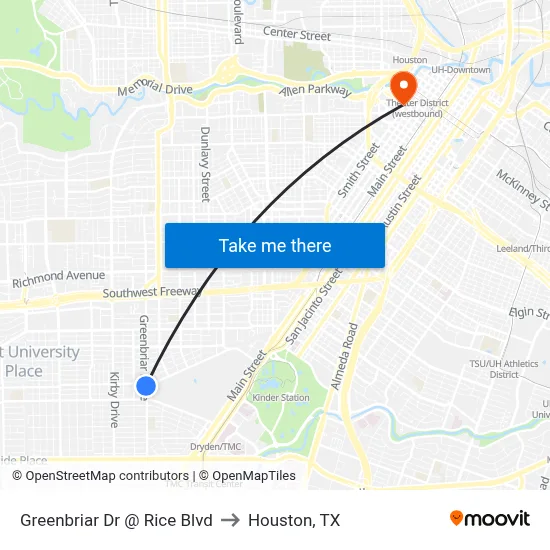 Greenbriar Dr @ Rice Blvd to Houston, TX map