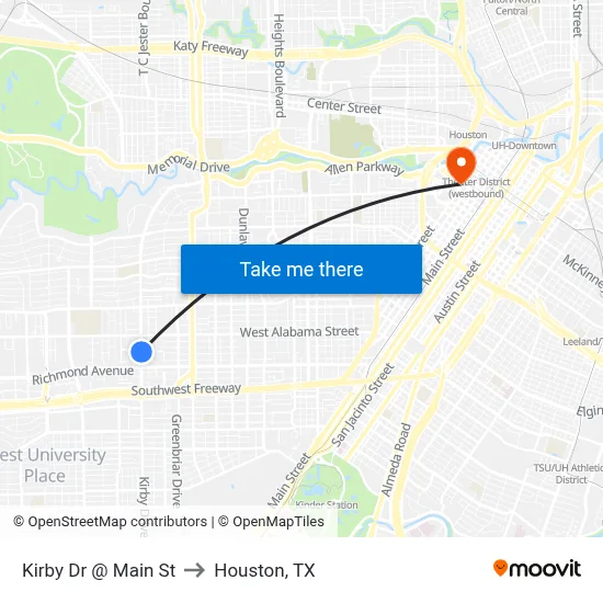 Kirby Dr @ Main St to Houston, TX map