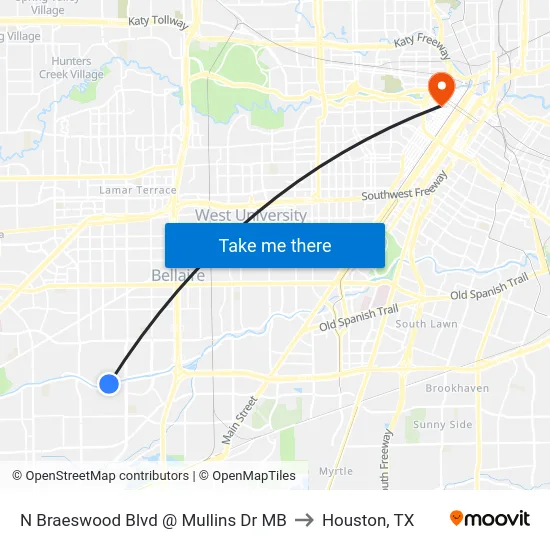 N Braeswood Blvd @ Mullins Dr MB to Houston, TX map