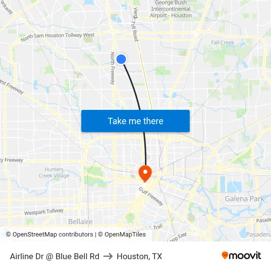 Airline Dr @ Blue Bell Rd to Houston, TX map