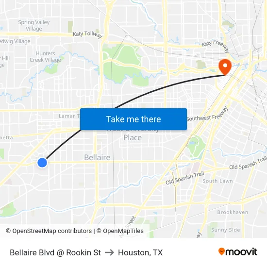 Bellaire Blvd @ Rookin St to Houston, TX map