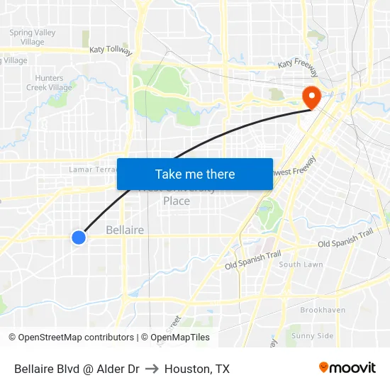 Bellaire Blvd @ Alder Dr to Houston, TX map
