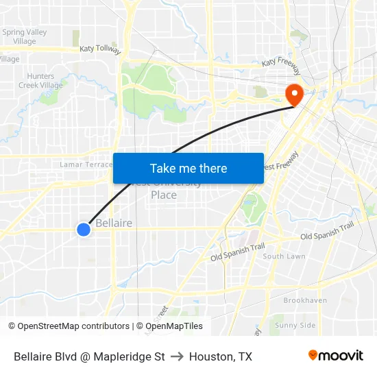 Bellaire Blvd @ Mapleridge St to Houston, TX map