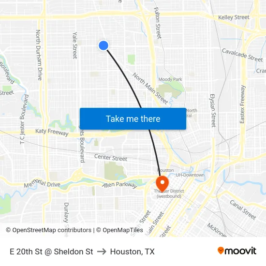 E 20th St @ Sheldon St to Houston, TX map