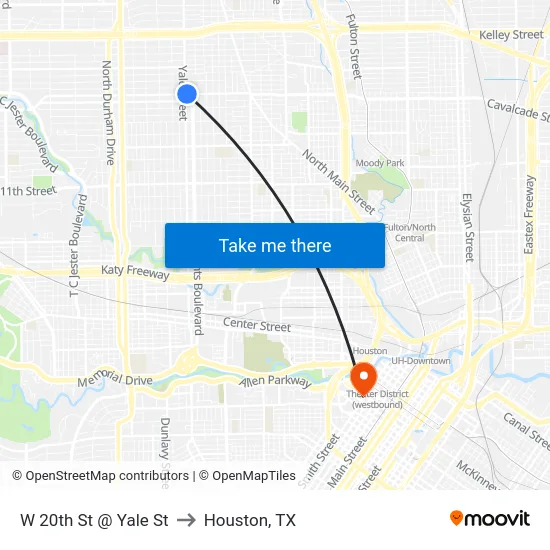 W 20th St @ Yale St to Houston, TX map