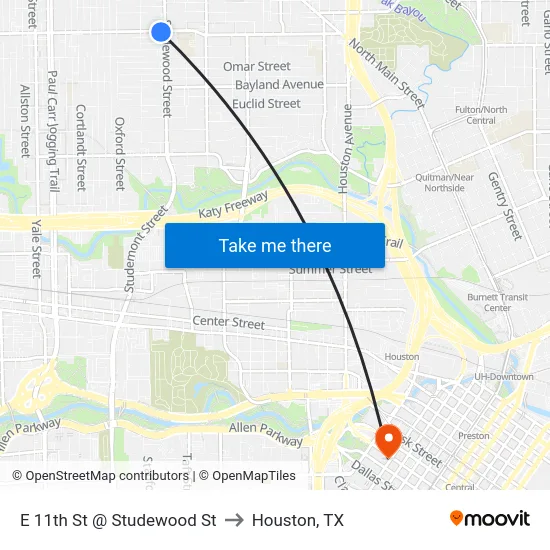 E 11th St @ Studewood St to Houston, TX map