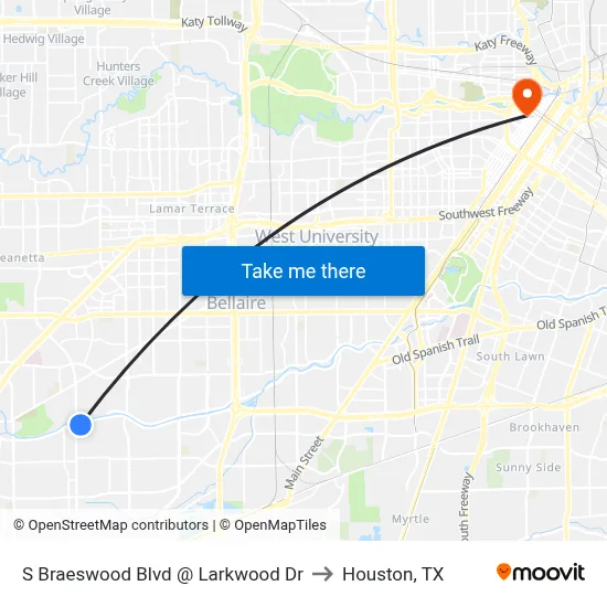 S Braeswood Blvd @ Larkwood Dr to Houston, TX map